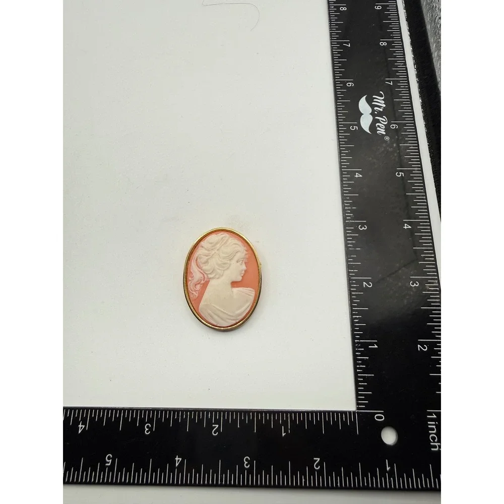 Vintage Cameo Brooch Gold Tone‎ Pink and Cream Female Profile Pin Oval